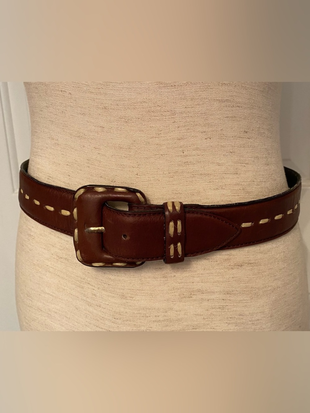 GIVENCHY COUTURE BELT BROWN LEATHER CREAM STITCHING DESIGNER LUXURY SMALL Fit